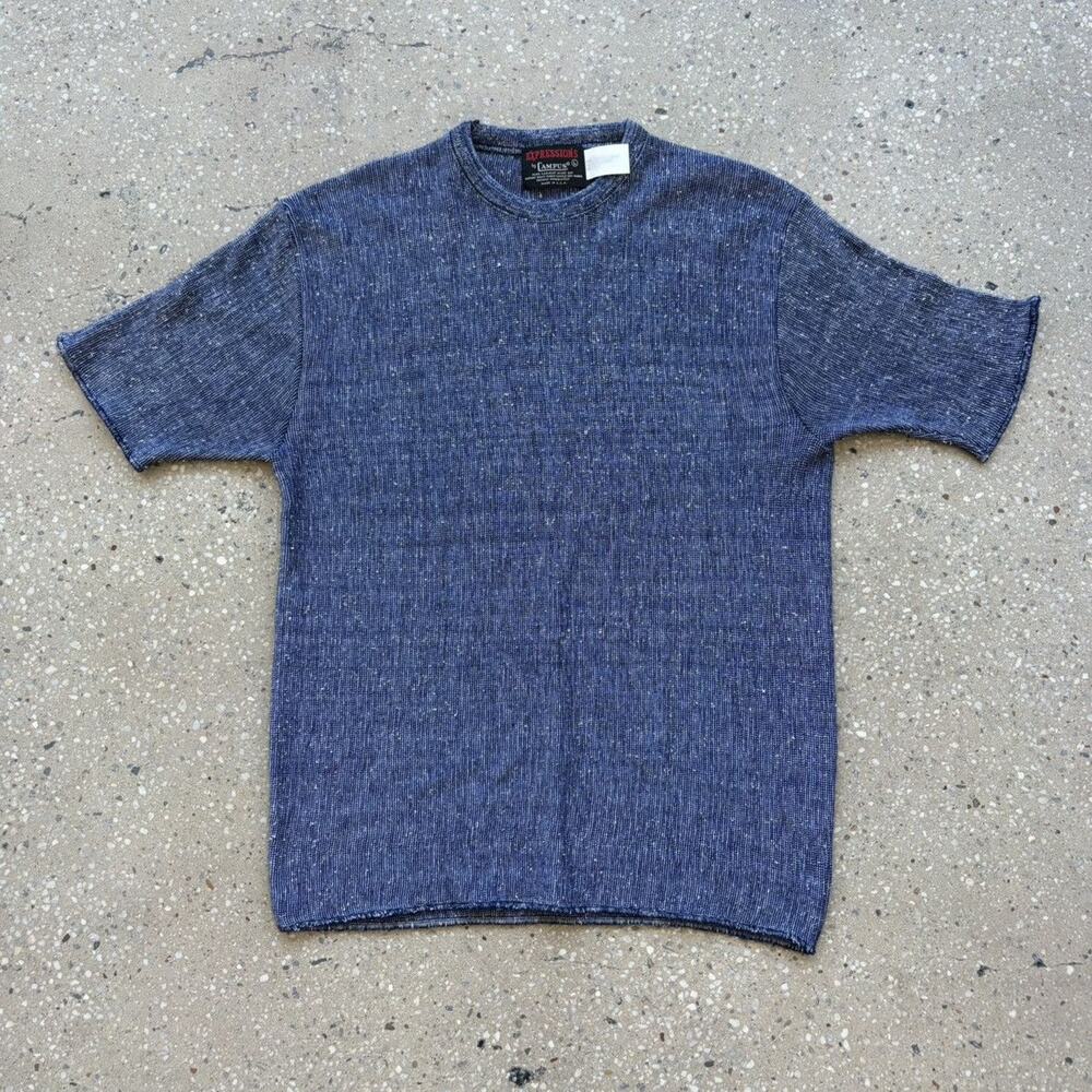 Vintage 70s Campus Blue Knit Short Sleeve Top
